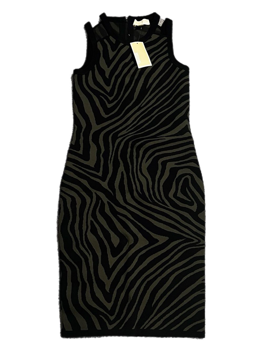 NWT MICHAEL Michael Kors Black & Olive Zebra-Print Midi Dress